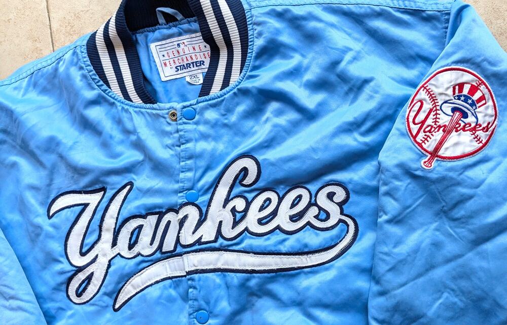 NY New York Yankees 90s STARTER satin BABY BLUE bomber jacket 2XL MLB vintage
